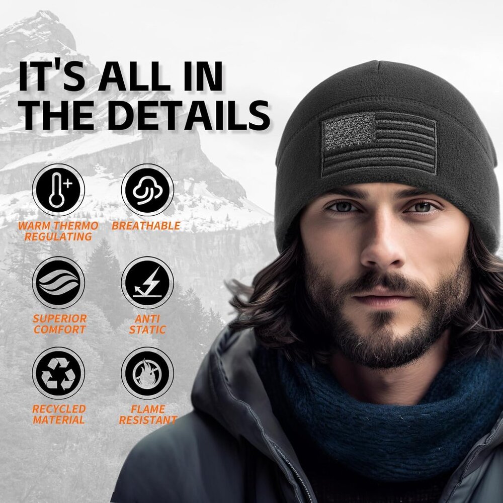 American Flag Fleece Watch Cap,  Multi-Season Army Military Tactical Beanie, Win - Picture 2 of 5